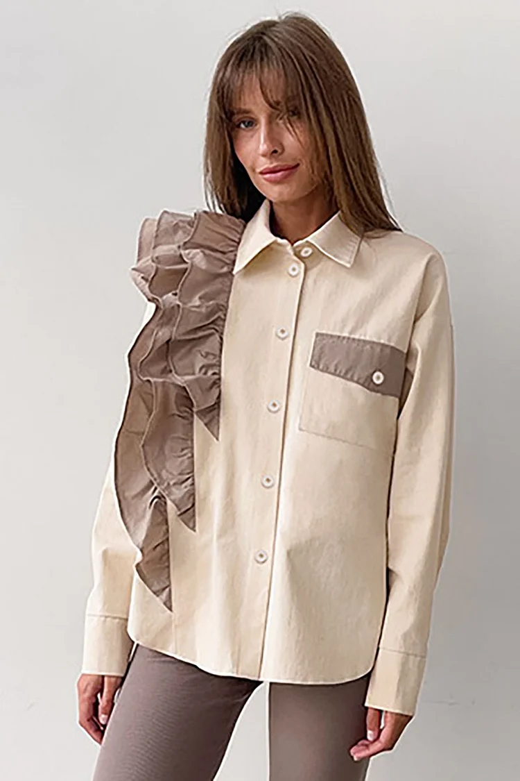 Colorblock Layered Ruffled Button Up Long Sleeve Pocket Blouse
