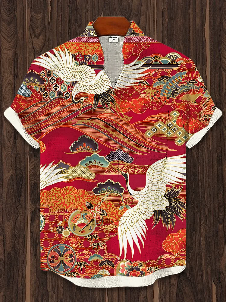 Men's Crane Japanese Traditional Folk Art Print Short Sleeve Shirt