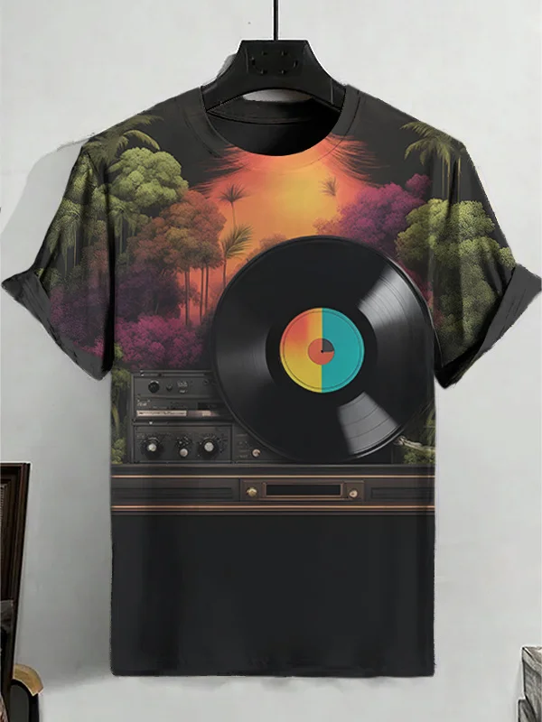 Men's Vintage Vinyl Record Art Print Casual T-Shirt