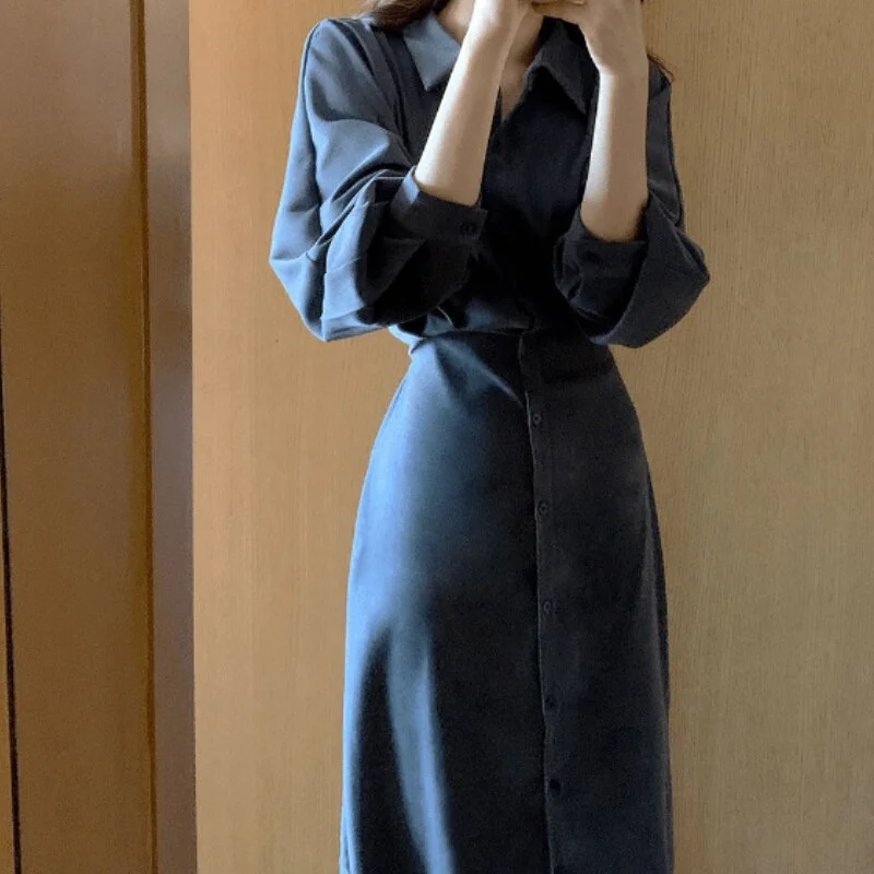 Fashion Long Sleeve Shirt Dress Women Spring Vintage Midi Jacket Dress Female Casual Loose Party Robe Maxi Bandage Vestido 18102