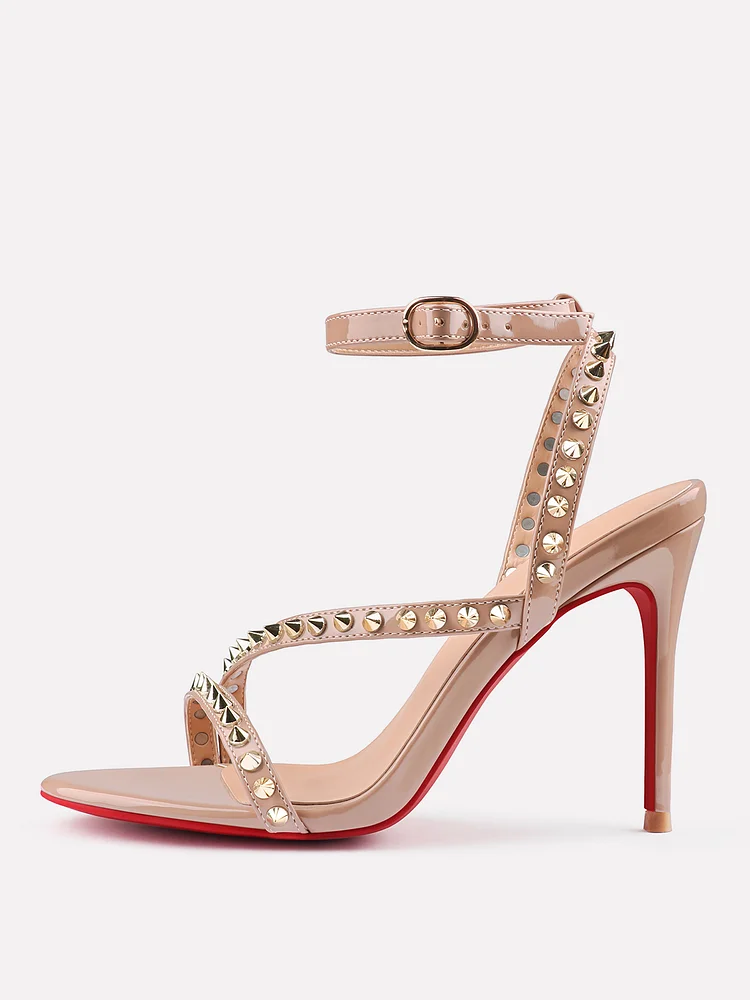 100mm Women Slingback Open Toe Rivets Sandals Ankle Buckle High Heel Summer Red Bottoms Shoes