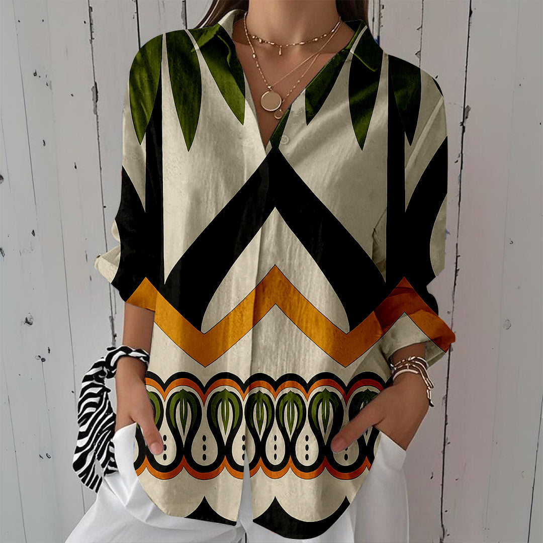 Women Long Sleeve V-neck Graphic Floral Printed Top