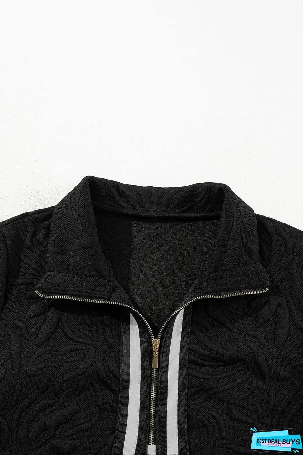 Black Jacquard Textured Quarter Zipper Shift Mini Dress