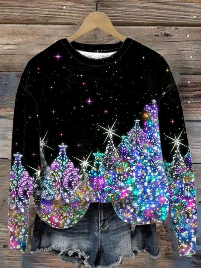 Women's Christmas Tree Glitter Print Long Sleeve Sweatshirt