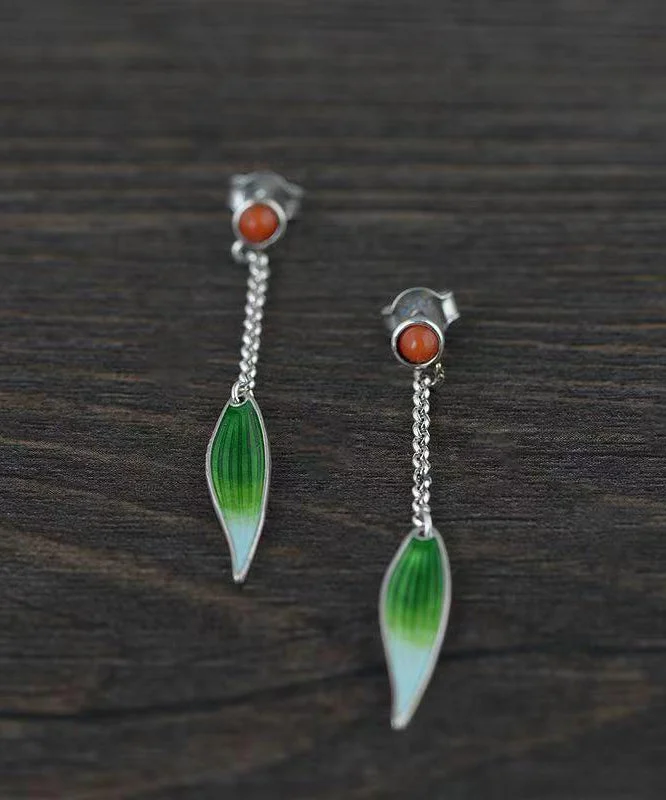 Retro Green Sterling Silver Agate Cloisonne Enamel Bamboo Leaf Drop Earrings