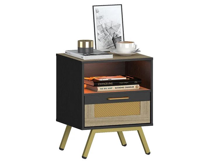 Natural Rattan LED Nightstand Set of 2, Black End Side Tables with 2 Drawers, Bedside Table with Storage for Living Room, Bedroom, Kids Room