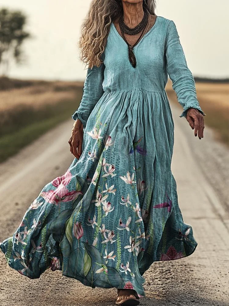 Women's Boho Ethnic Floral Art Pattern Print Pocket Cotton Dress
