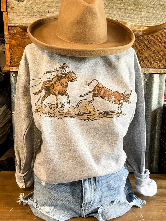 Western Print Crew Neck Sweater