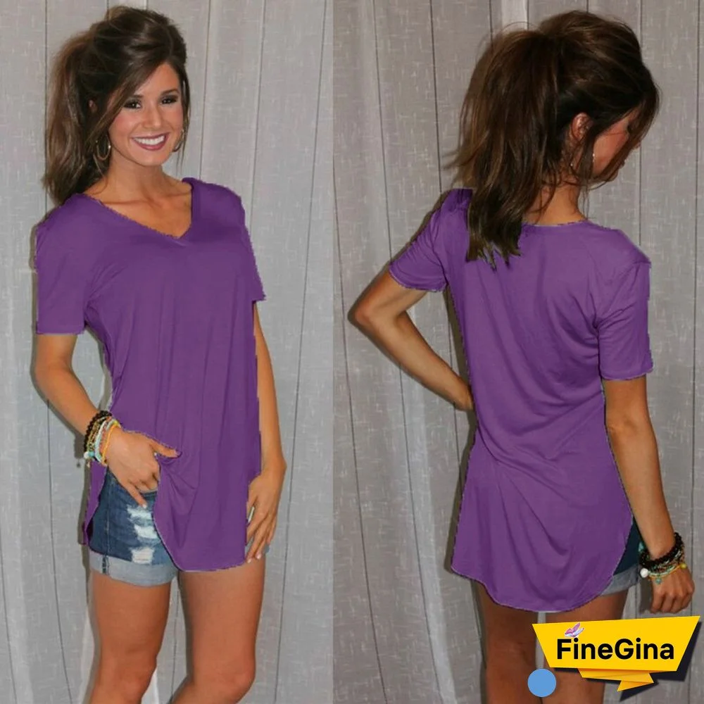 Women's T-shirt Summer Basic Long T Shirt Top Women Solid V Neck Short Sleeve Long Casual Women Loose Tee Shirt Femme