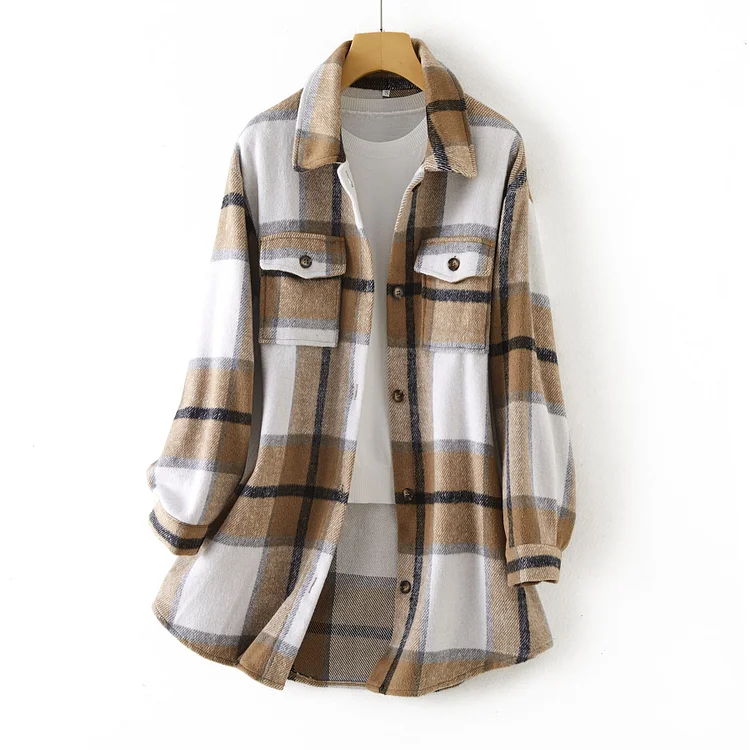 Women's Plaid Shacket INS Style Woolen Plaid Print Long Sleeve Jacket Mid-Length Check Shacket