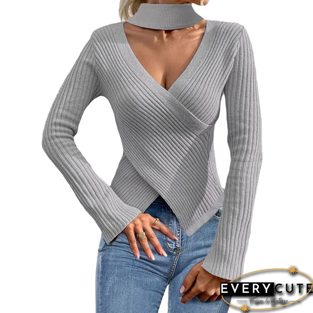 Gray Keyhole V Neck Cross Hem Knit Long Sleeve Tops