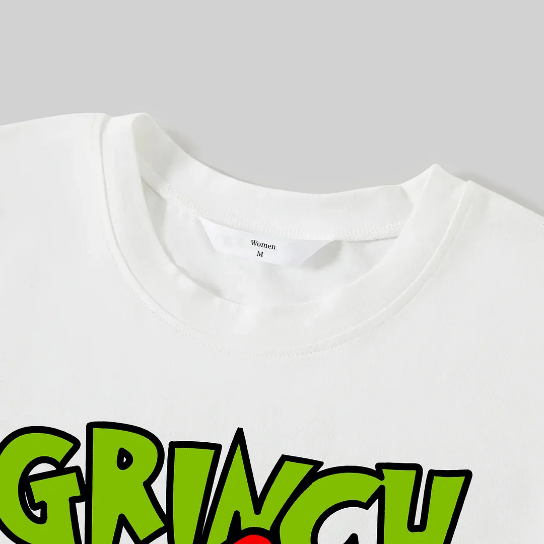 Cute Cartoon and Funny Christmas Slogan Print Contrast White Long Sleeve with Classic Red and Black Plaid Pants Family Matching Pajamas