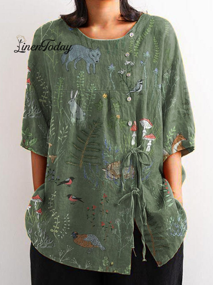 Woodland And Animals Repeat Pattern Printed Women’s Casual Cotton Linen Shirt Green / S