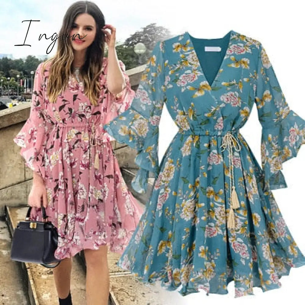 Ingvn - Chiffon High Elastic Waist Party Dress Bow A - Line Women Butterfly Sleeve Flower Print