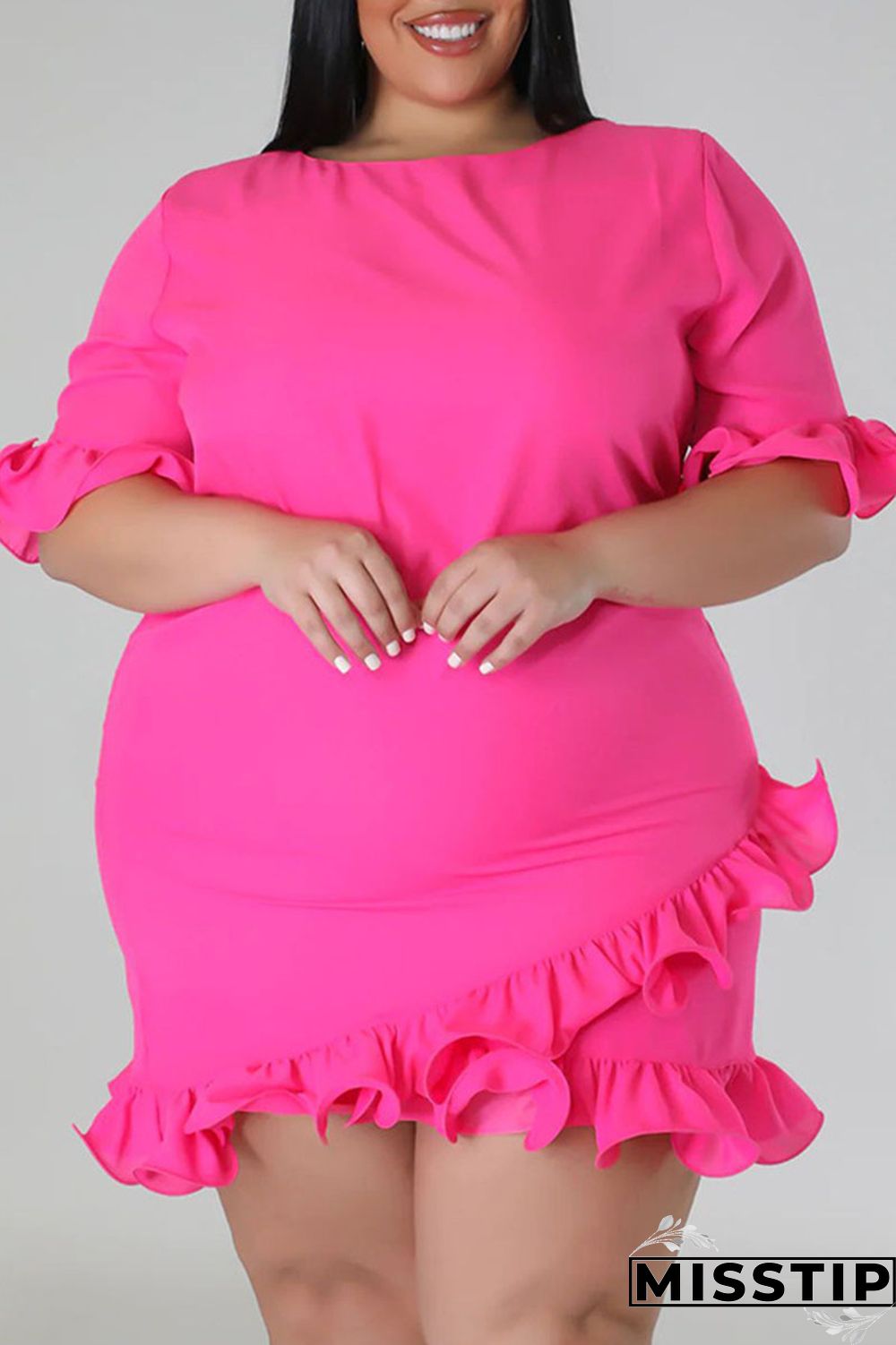 Green Casual Solid Patchwork Asymmetrical Stringy Selvedge O Neck Straight Plus Size Dresses