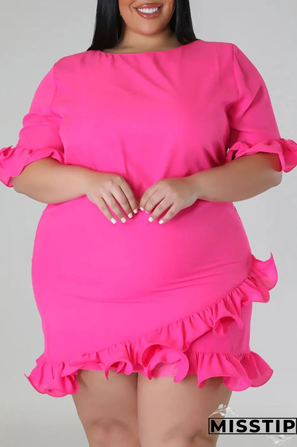 Green Casual Solid Patchwork Asymmetrical Stringy Selvedge O Neck Straight Plus Size Dresses