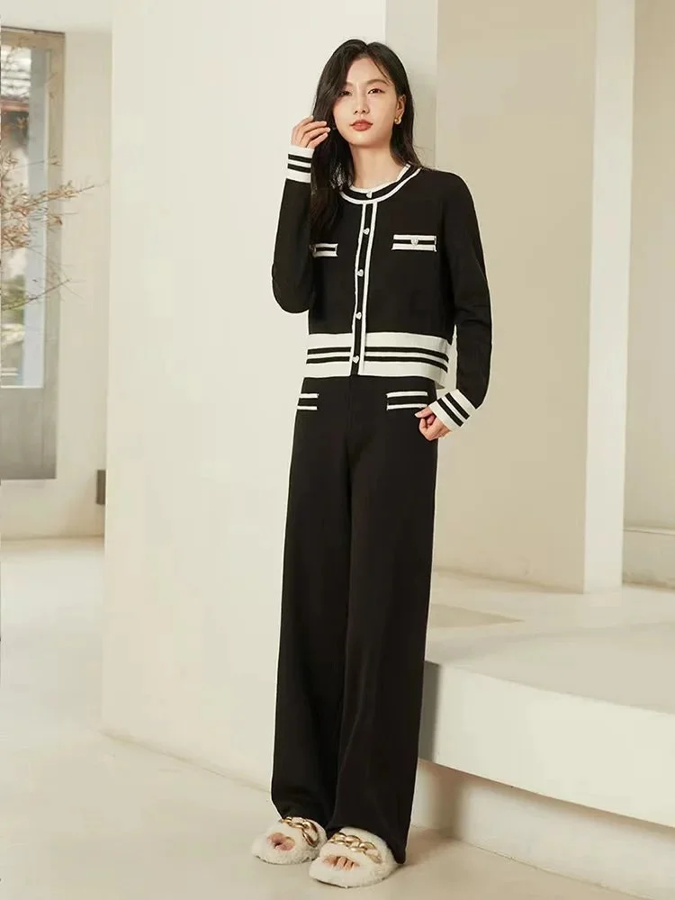 Huiketi Knitted Two Piece Set Women Round Neck Long Sleeve Buttons Cardigan Sweater Coat + Wide Leg Pants Suit Woman Tracksuits