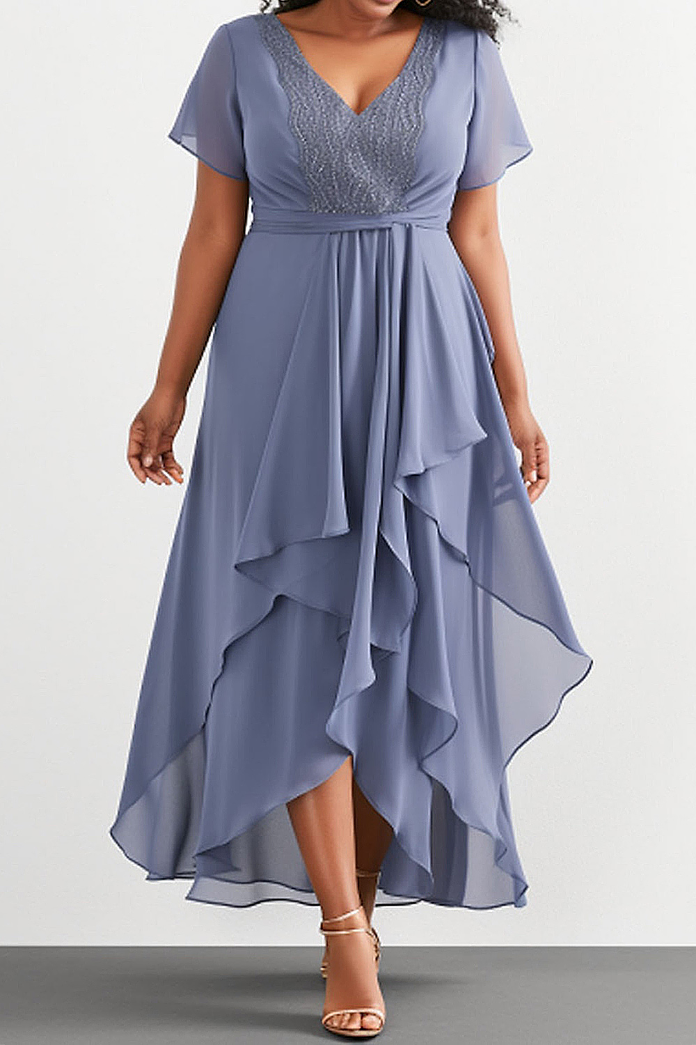 Flycurvy Plus Size Formal Slate Blue Chiffon Lace Stitching Asymmetrical Layered Maxi Dress 2024 - Flycurvy 