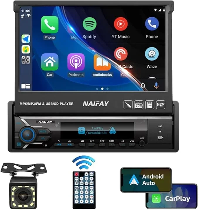 T Radio retráctil automático con pantalla retráctil, 7 pulgadas, Android Auto, Bluetooth, radio con navegación automática, FM