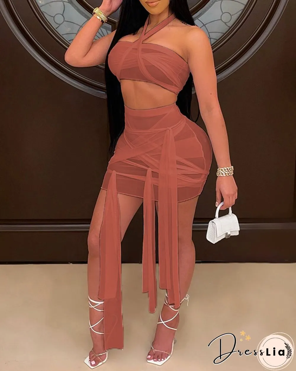 Halter Sheer Mesh Crop Top & Knotted Skirt Set
