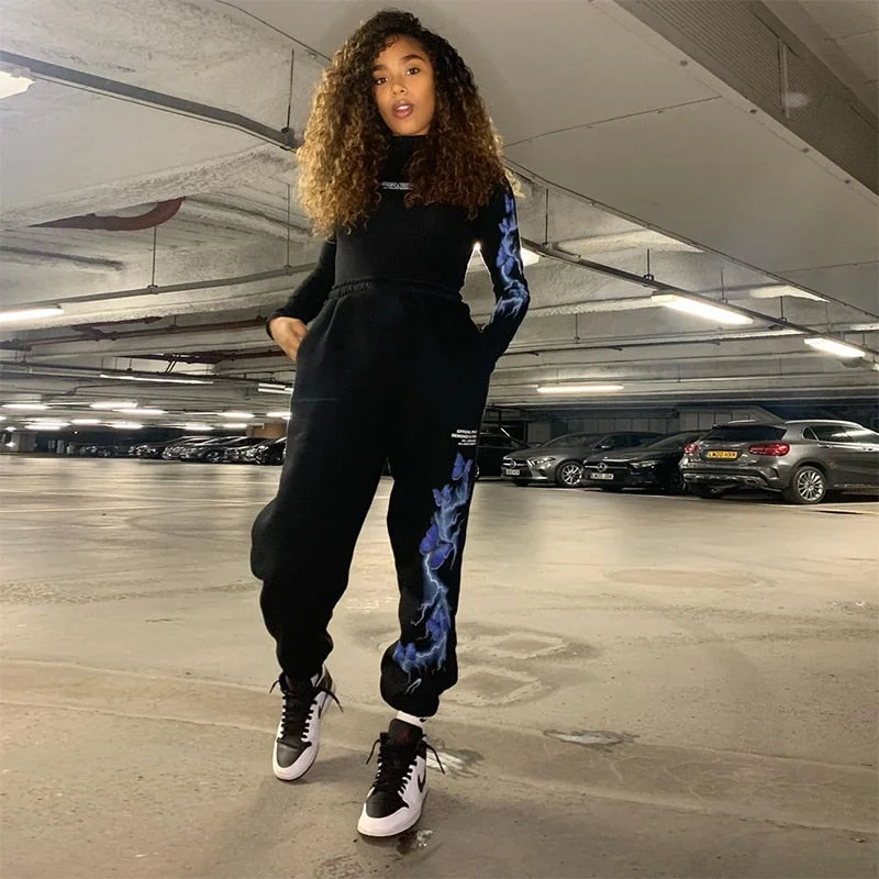 HEYounGIRL Lightning Print Sweatpants Ladies Fashion Black Casual Loose Joggers Baggy High Waist Pants Streetwear Summer