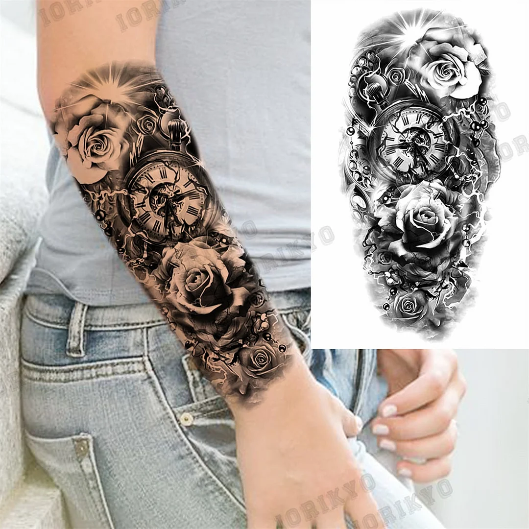 Black Lion Wolf Temporary Tattoos For Men Adult Forest Rose Compass Warrior Fake Tattoo Washable Body Art Painting Tatoo Sticker