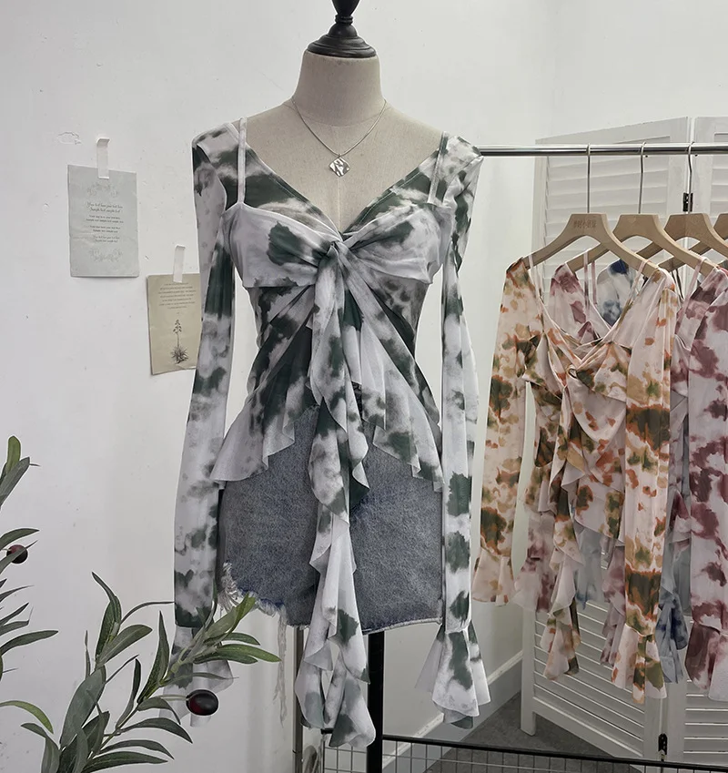 Uveng Irregular Kinking Of The Net Yarn Irregularly Kinked Lotus Lobe Slings Shoulder Horn Sleeve T-Shirt Short Top 2618