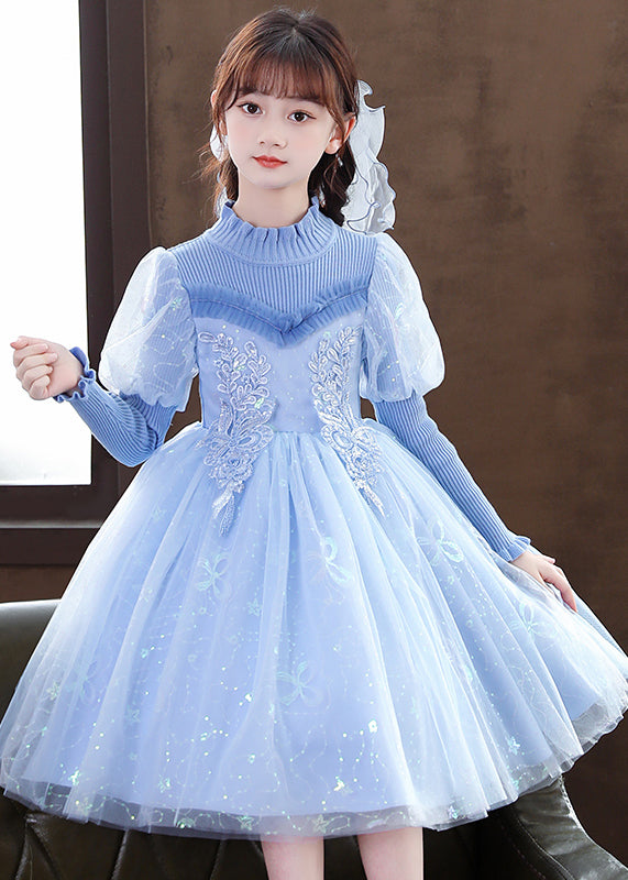 VCSHOES Blue Ruffled Sequins Patchwork Tulle Baby Girls Party Dress Fall
