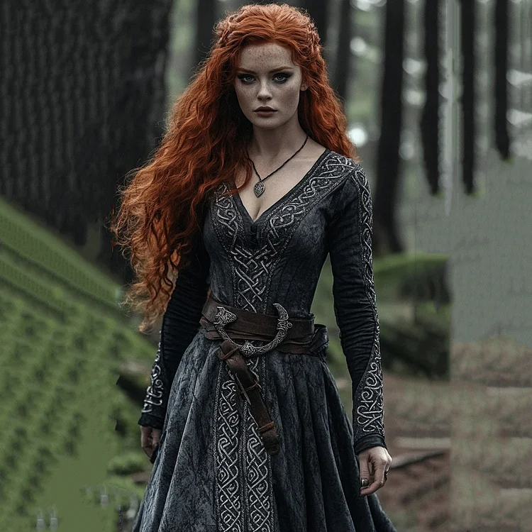 Women&lsquo;s Vintage Viking Celtic Knot Embroidery Art Mixi Dress