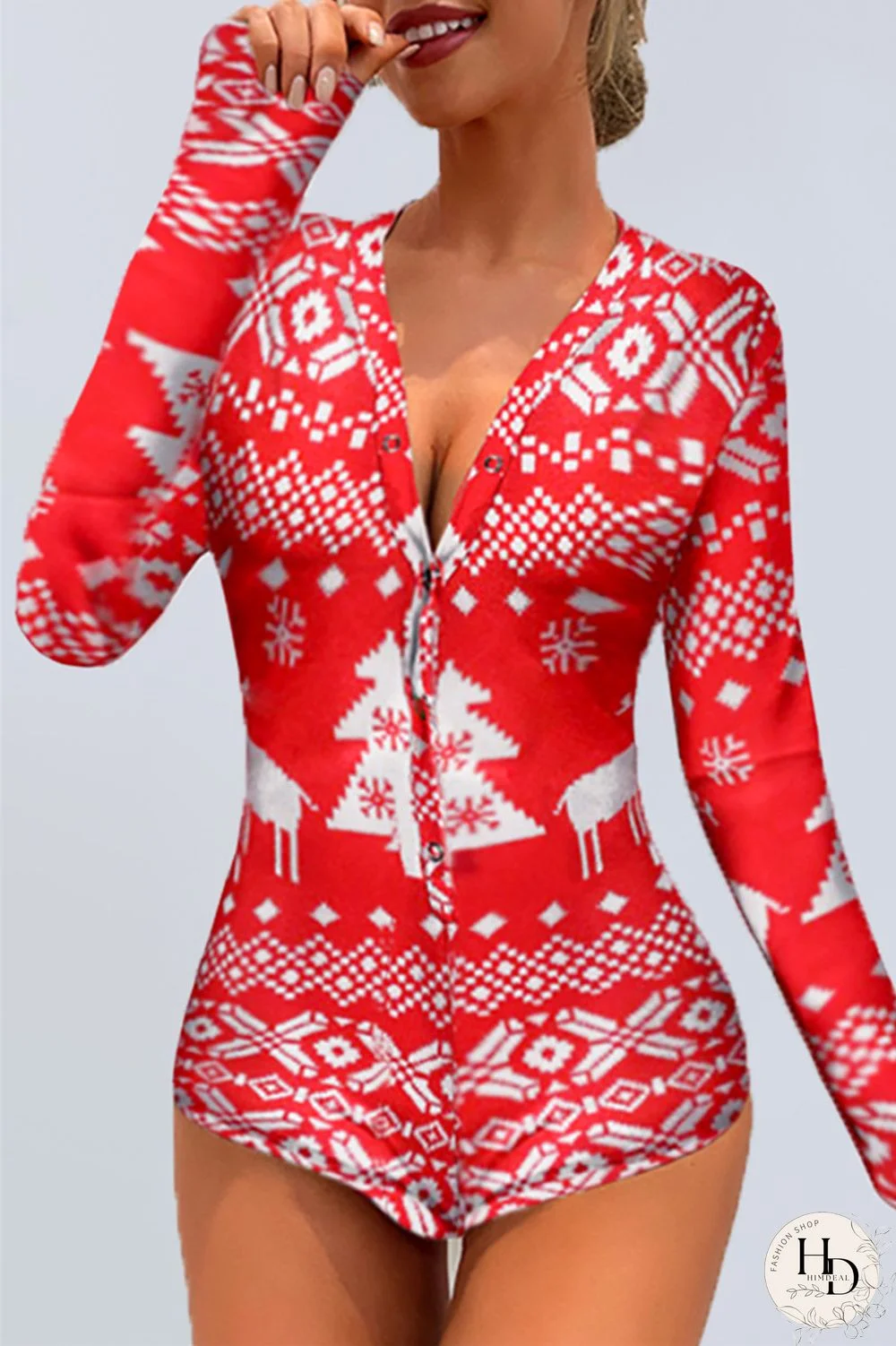 Red Fashion Casual Print Basic V Neck Long Sleeve Skinny Romper