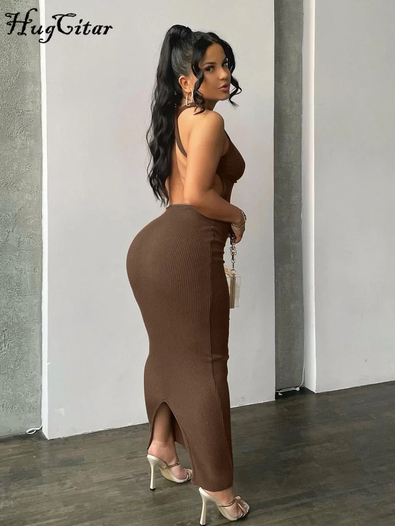 Hugcitar Ribbed Solid Hollow Out Backless Sleeveless Sexy Slit Mini Dress Bodycon 2022 Summer Women Outfits Elegant Party Y2K