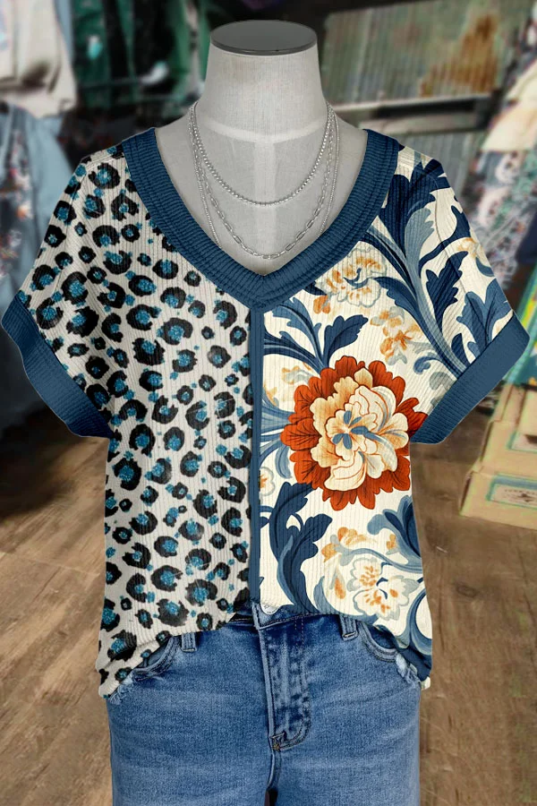 Vintage Floral Print V-Neck Leopard T-Shirt