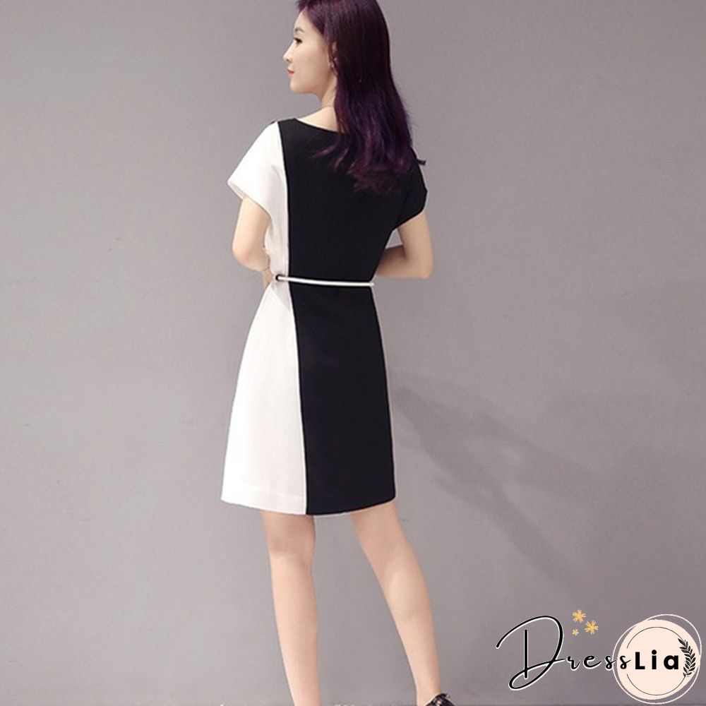 Summer Women Fashion Chiffon Mini Dress Black White Short Sleeve O-Neck Dress