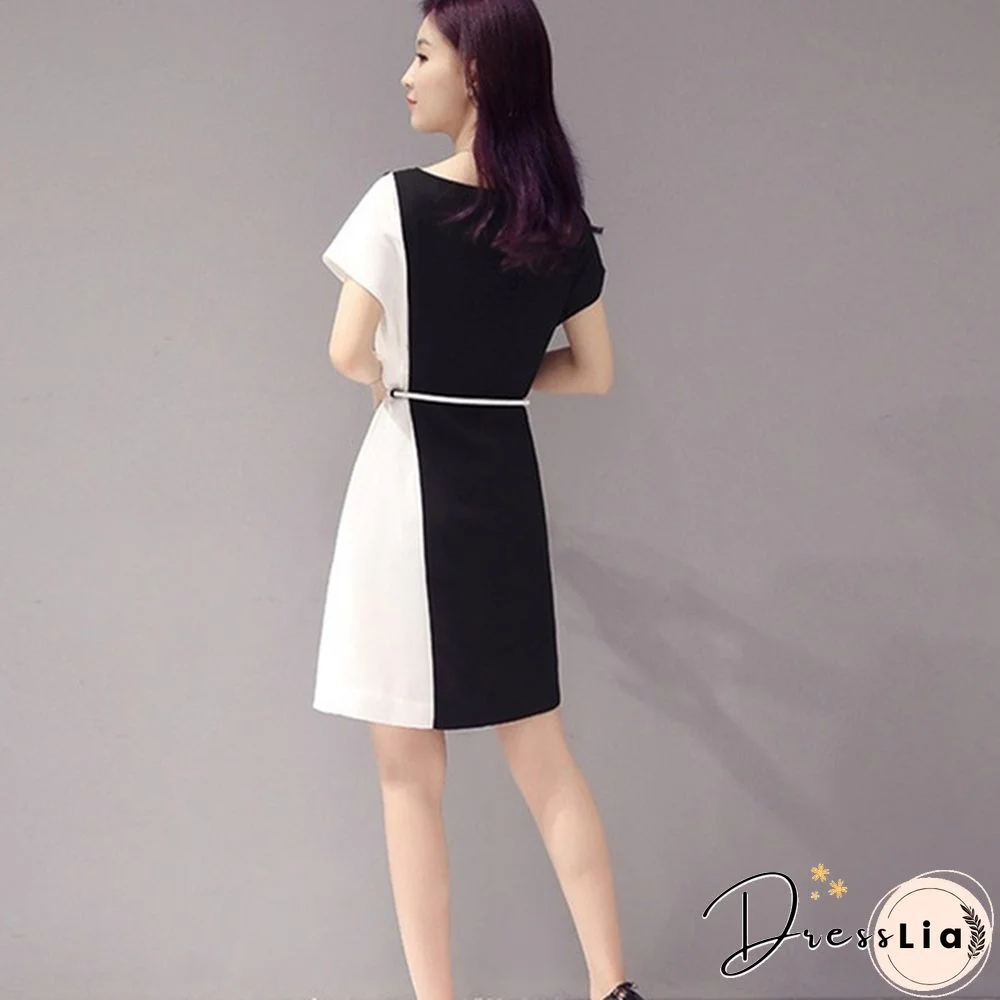 Summer Women Fashion Chiffon Mini Dress Black White Short Sleeve O-Neck Dress