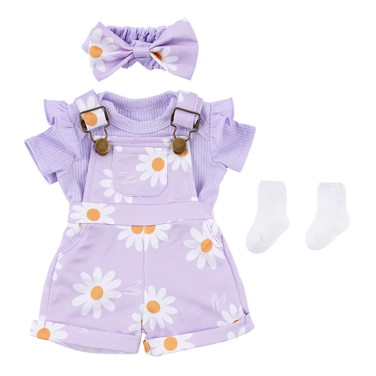 17"&ndash;22" Lovely Purple Daisy Suspender Pants 4 Pcs Set for Reborn Baby Dolls