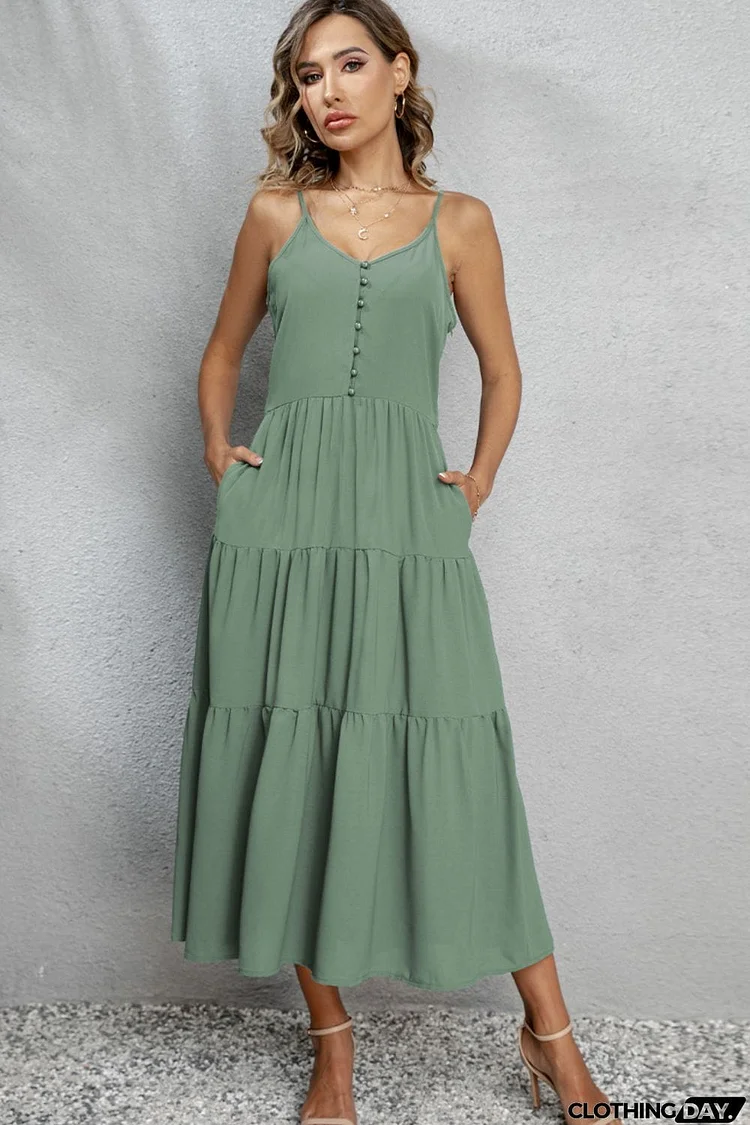 V-Neck Sleeveless Spaghetti Straps Midi Dress