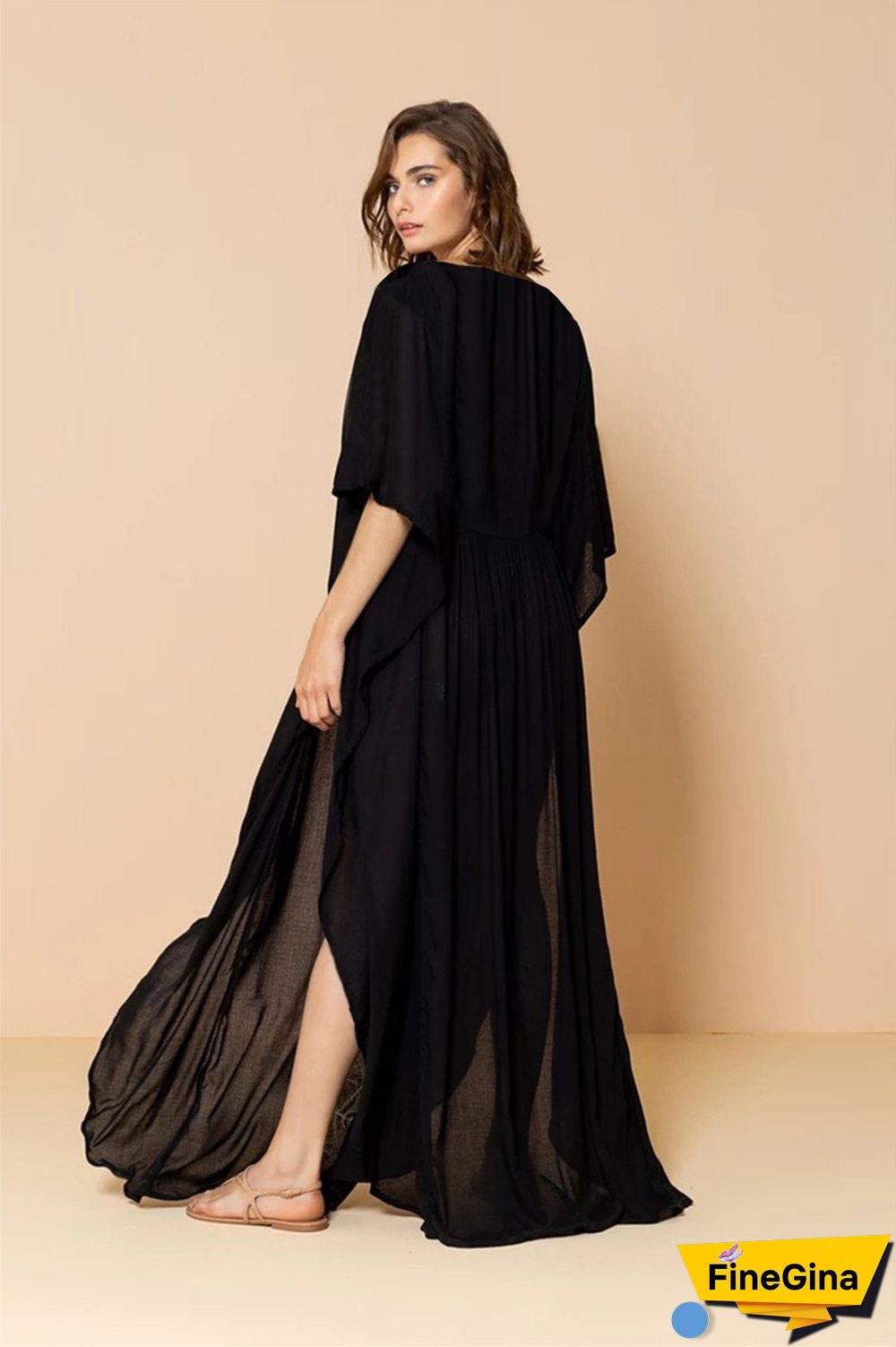 Deep V-Neck Embroidery Black/Green Full Length Beach Dress