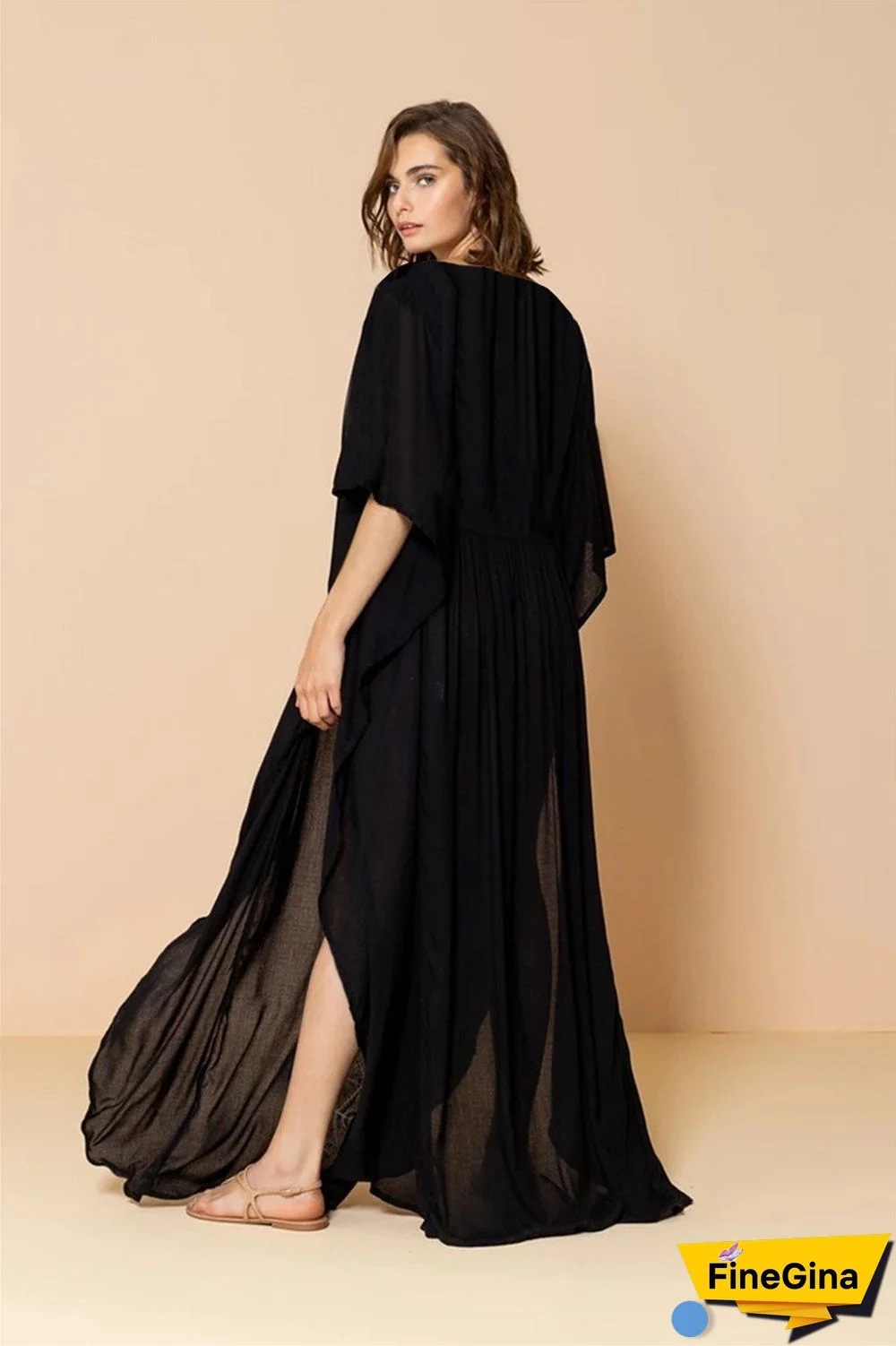 Deep V-Neck Embroidery Black/Green Full Length Beach Dress