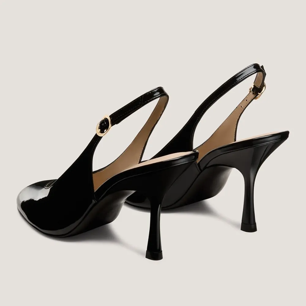 Sleek Black Patent Leather Round Toe Stiletto Heel Slingback Pumps
