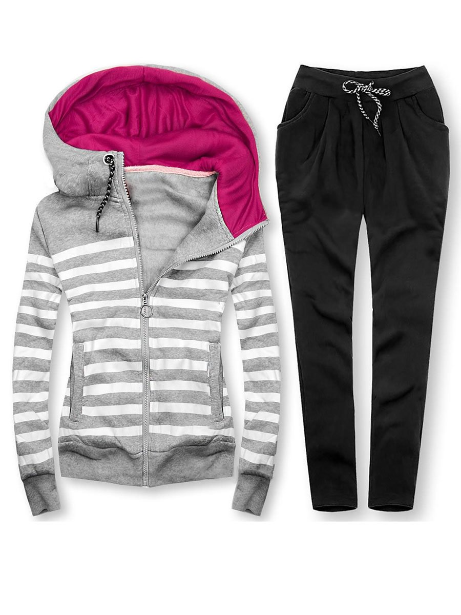 Women's Gray Contrast Stripe Casual Hoodie Set