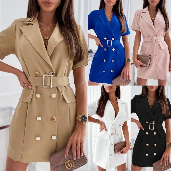 Women Summer Blazers Dresses Turn-down Collar Double Breasted Bandage Dress Office Lady Suit Dresses - Shop Trendy Women's Clothing | LoverChic