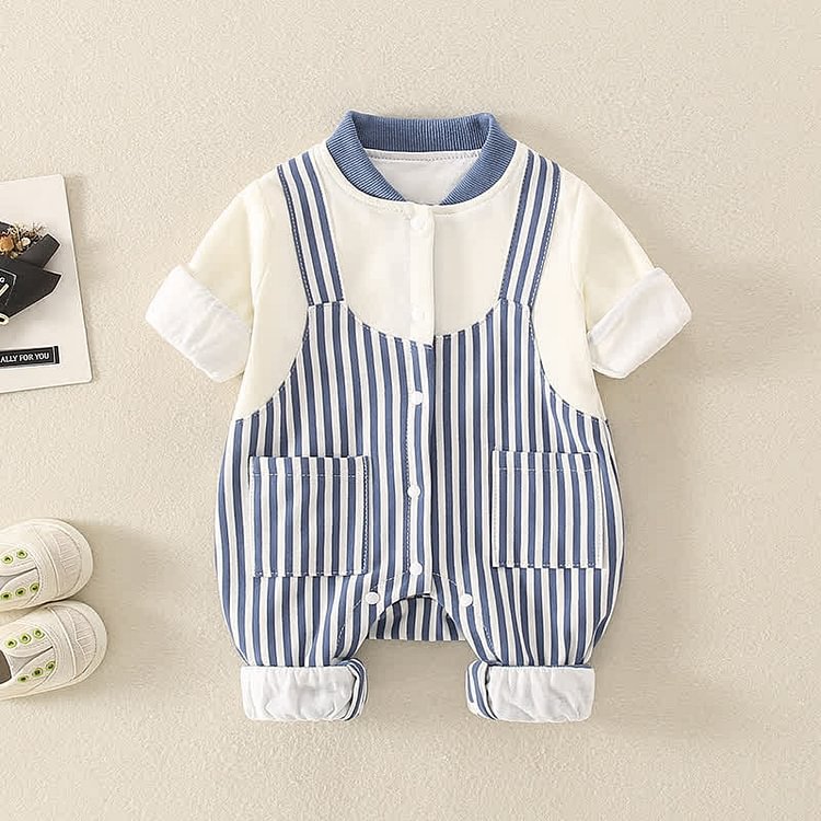 Baby Striped Splicing Crew Neck Romper
