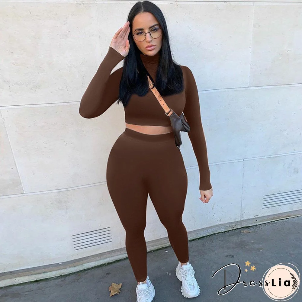 Women’s Suits Solid Long-Sleeves Short Top + High-Waist Skinny Pants Casual Outfits For Ladies Tracksuits Women Set