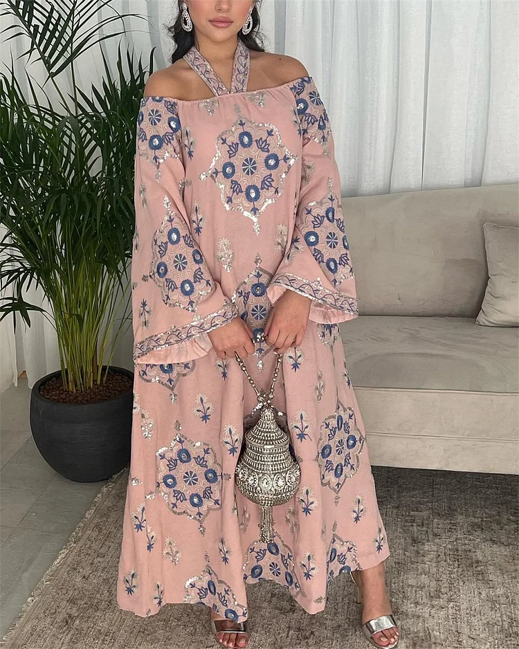 Retro Print Stretch Strapless Long-sleeved Dress