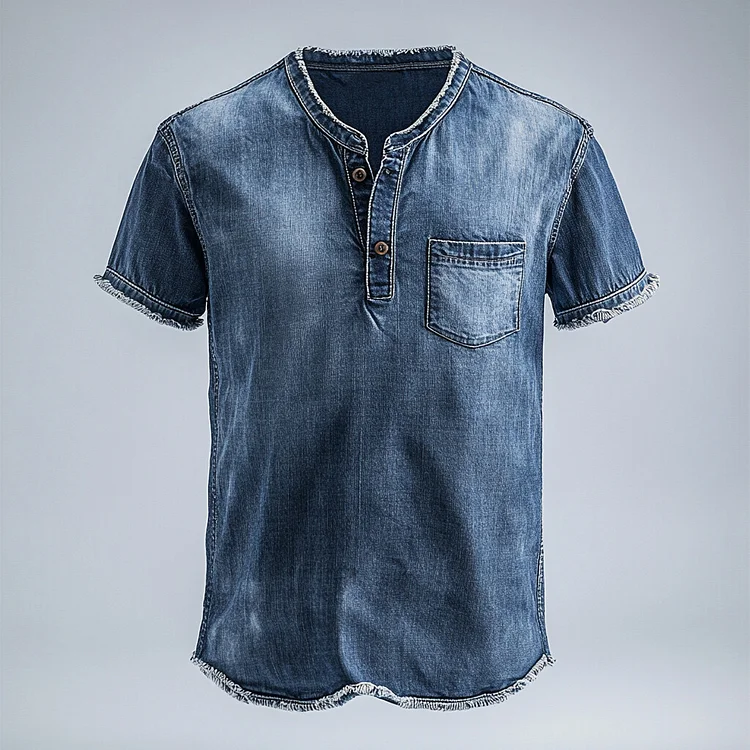 Men's Denim Raw Edge Chest Pocket Half Button Short Sleeve Henley Shirt