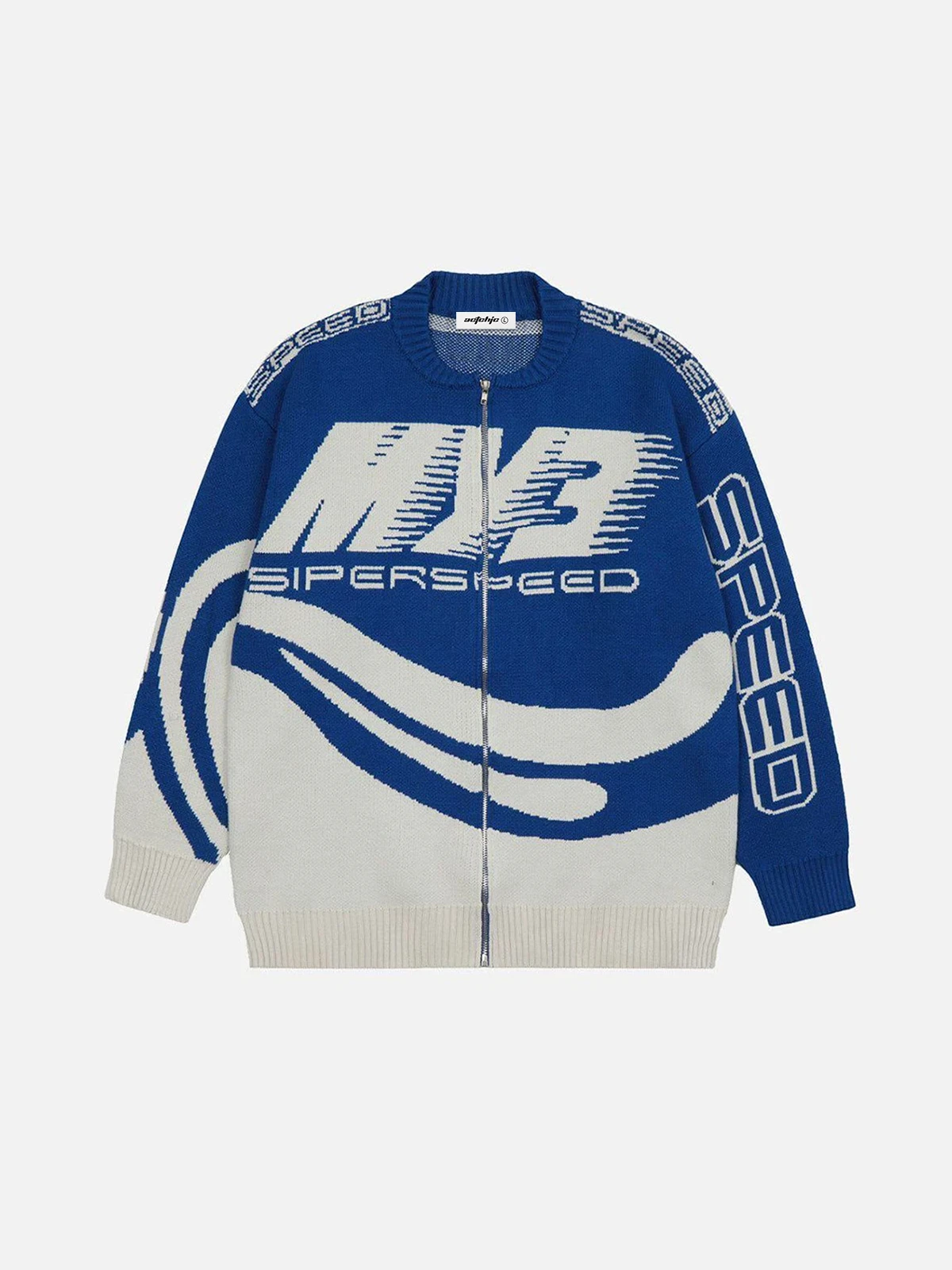 Blue Retro Hip Hop Speed Racing Zipper Cardigan Front