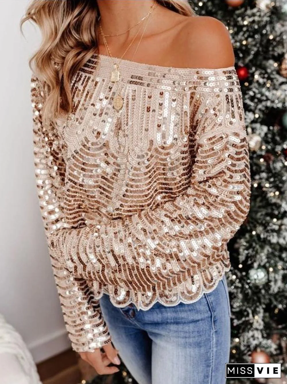 Temperament Round Neck Long Sleeve Pullover Sequin T-Shirt