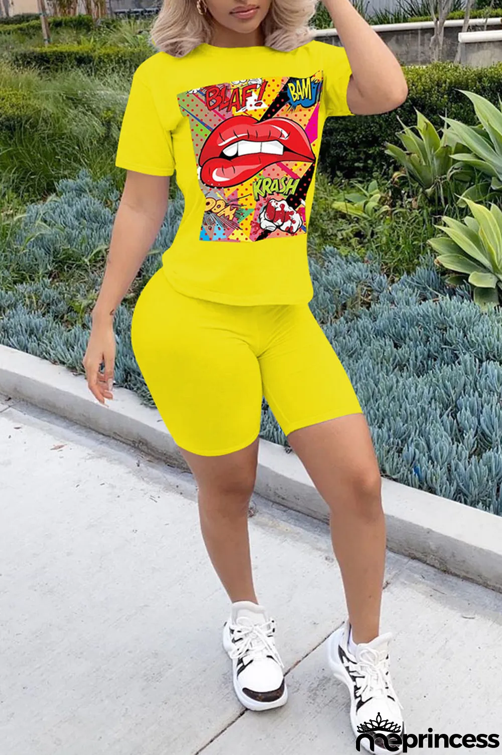 Orange Casual Letter Print Split Joint O Neck Short Sleeve Two Pieces