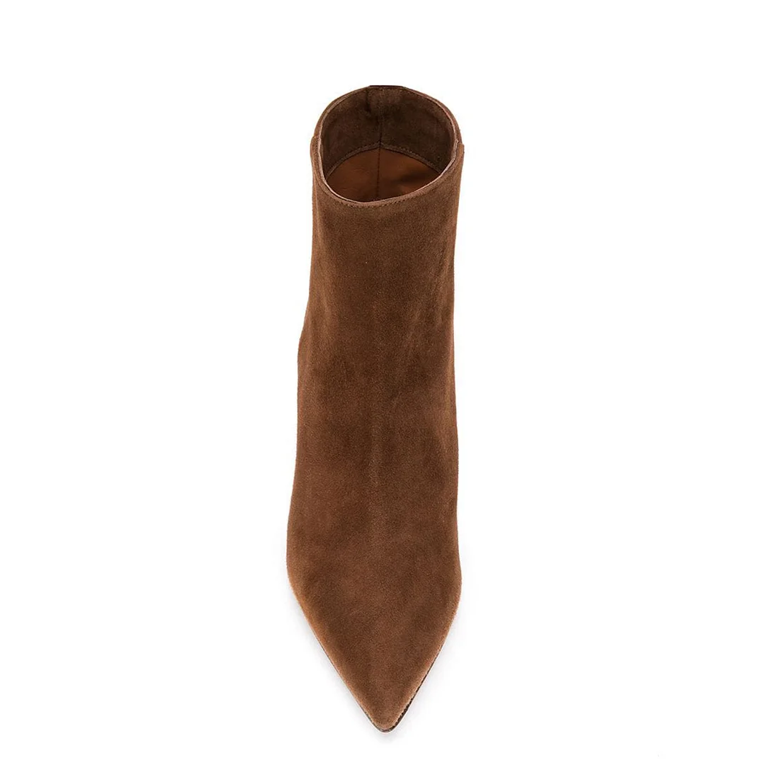 Vegan Suede Kitten Heel Pointed Toe Booties for Women in Brown