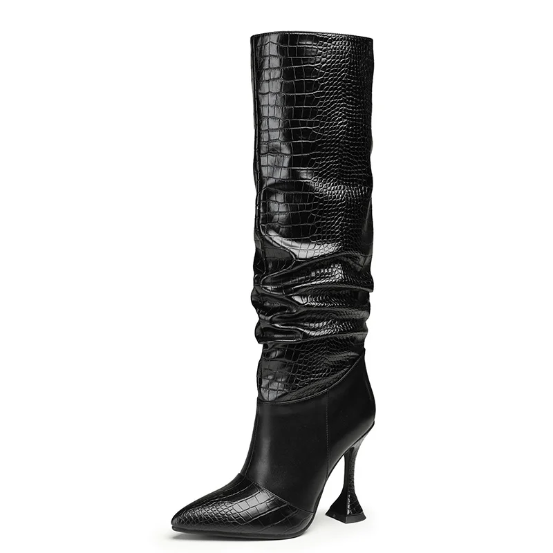 Women's New Style Pleated Boots High Heel Pointed Toe Knee Boots Novameme